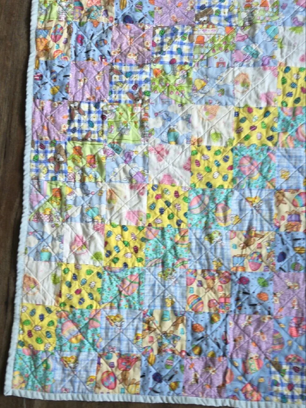 Handmade Pastel Patchwork  Baby Quilt Easter  Bunny Yellow Purple Blue